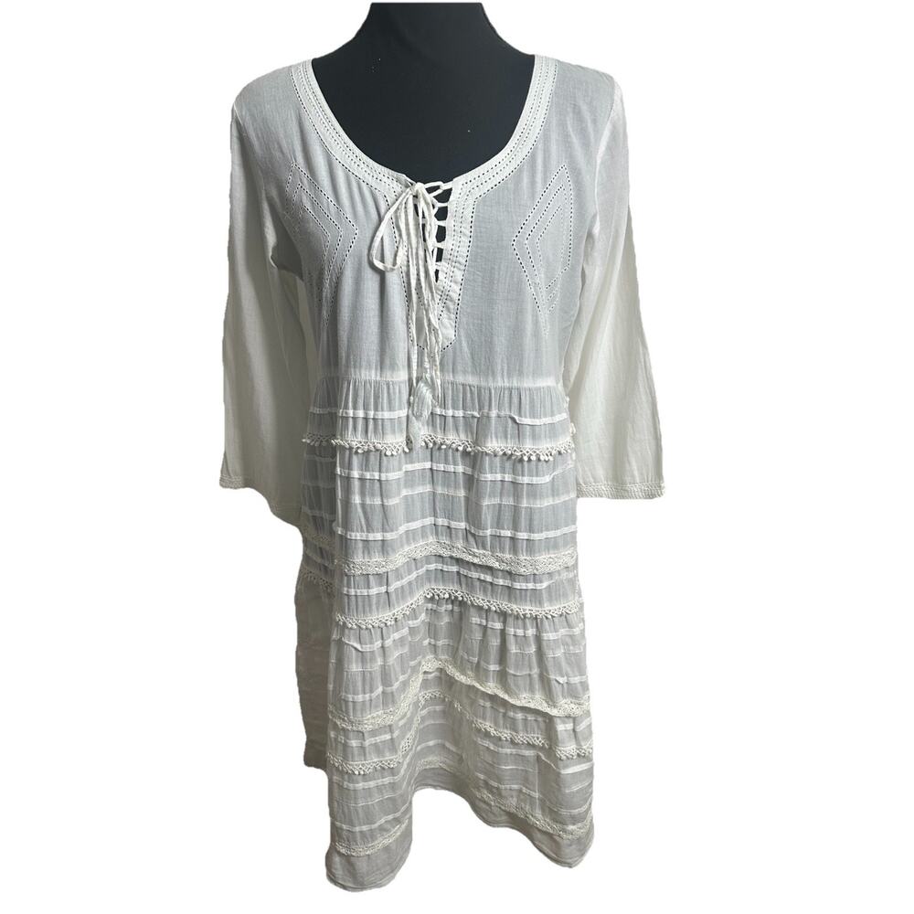 Lola Australia Womens White Lace Knee Length Boho Peasant Cottagecore Dress XS